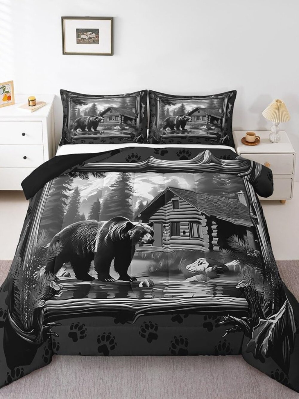 Kids Bear Comforter Set Queen Size Rustic Cabin Lodge Bedding Set